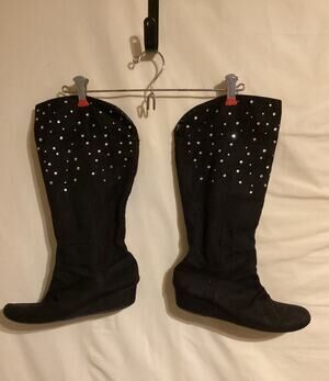 5085 Justice Womens High Boots Black Rhinestones Flat Heel Faux Suede Size 8
